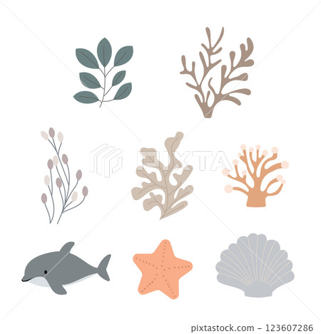 Sea Ocean Beach Marine Life Elements Set of Dolphin Starfish Seaweed Plant Sea Ocean Beach Marine Life Elements Set of Dolphin Starfish Seaweed Plant 123607286