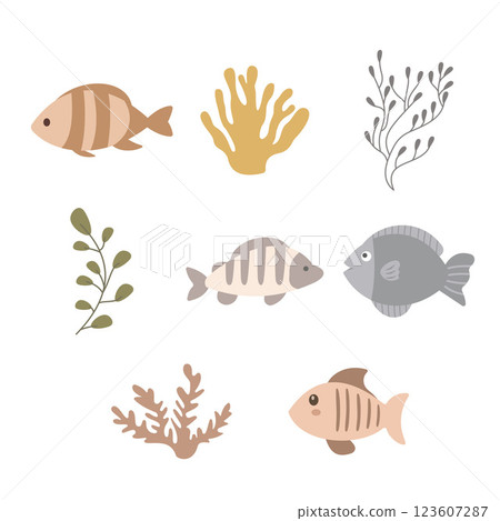 Sea Ocean Beach Marine Life Elements Set of Fish Coral Reef Leaves Foliage Plant Sea Ocean Beach Marine Life Elements Set of Fish Coral Reef Leaves Foliage Plant 123607287