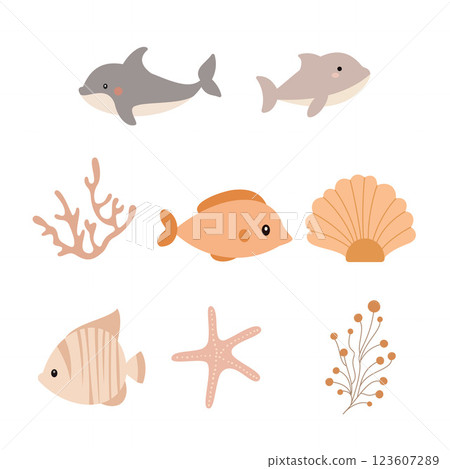 Sea Ocean Beach Marine Life Elements Set of Dolphin Fish Scallop Shell Starfish Coral Reef Plant 123607289