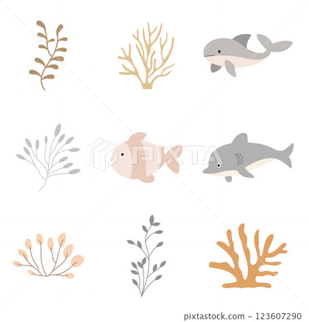 Sea Ocean Beach Marine Life Elements Set of Dolphin Shark Whale Fish Coral Reef Leaves Plant 123607290