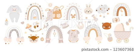 Boho style baby elements. Rainbow toys newborn carriage, pacifier and toddler clothes. Scandinavian retro stickers, scrapbook decorations, nowaday vector set 123607368