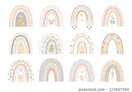 Boho style rainbow. Doodle rainbows decorative elements with clouds, bow, moon and stars. Newborn nursery stickers, scrapbook nowaday vector clipart Boho style rainbow. Doodle rainbows decorative elements with clouds, bow, moon and stars. Newborn nursery stickers, scrapbook nowaday vector clipart 123607369