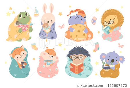 Cute animal in cozy plaids. Animals sitting in blankets, drink tea and coffee, reading books. Funny turtle, hamster, fox, koala and hedgehog, nowaday vector set Cute animal in cozy plaids. Animals sitting in blankets, drink tea and coffee, reading books. Funny turtle, hamster, fox, koala and hedgehog, nowaday vector set 123607370