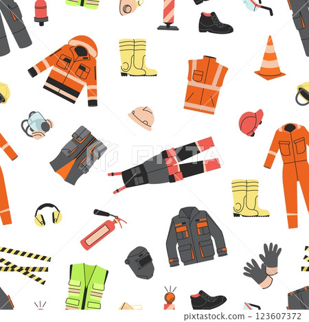 Workers clothes, protect uniform seamless pattern. Construction worker helmets, mask, jacket and pants. Print for fabric, wrapping, website, vector background 123607372