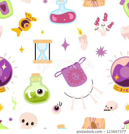 Witchcraft magical elements seamless pattern. Witch tools and equipment, crystal ball, poison bottles and mushroom, skull and candle, vector background 123607377