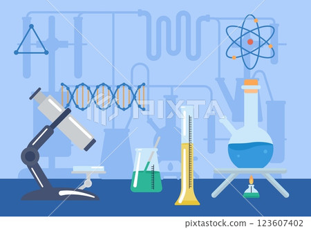 Laboratory experience. Glass bottle, microscope, chemistry research system. Pharmacology or medicine researchers. Lab equipment vector concept 123607402