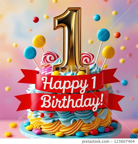 First Birthday Cake with Gold Number One.  First Birthday Cake with Gold Number One.  123607404