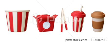 Food packs elements. Street fast food boxes, asian meals box with sticks and take away mugs 3d objects. Isolated realistic striped bucket, vector set 123607410
