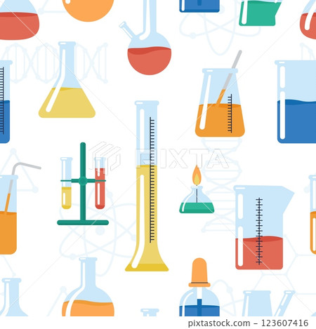 Chemistry tools seamless pattern. Laboratory equipment, glass tubes and measuring cups. Medical, physical, pharmaceutics research. Lab vector background 123607416
