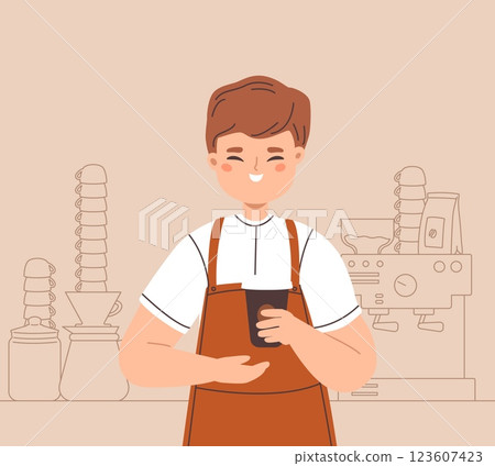Boy barista holding mug of coffee. Happy guy with take away cup, coffee to go. Cafeteria cafe bar service worker in uniform, student work, vector character 123607423