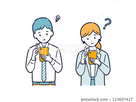 一位商務人士在使用智慧型手機時遇到麻煩的插圖 123607427