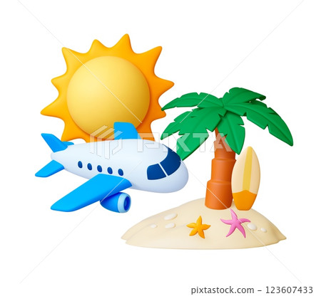 Beach vacation 3d concept. Airplane, palm on sand island, surf board and sun. Summer realistic concept, travel and tourism, vector render scene Beach vacation 3d concept. Airplane, palm on sand island, surf board and sun. Summer realistic concept, travel and tourism, vector render scene 123607433