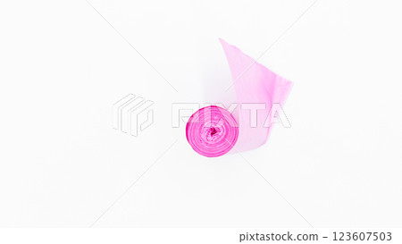 Roll of pink plastic garbage bags on white background, Pink color garbage bags roll, Roll of pink plastic garbage bags on white background. Roll of pink plastic garbage bags on white background, Pink color garbage bags roll, Roll of pink plastic garbage bags on white background. 123607503