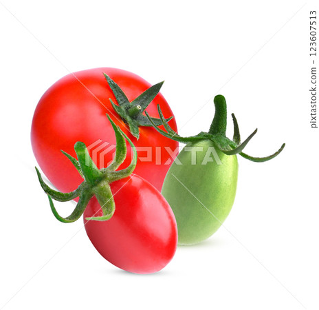 Red ,green tomatoes  sphere, oval shape, isolated on white background. Tomatoes are all natural, organic, fresh, delicious and healthy on  white back ground. Red ,green tomatoes  sphere, oval shape, isolated on white background. Tomatoes are all natural, organic, fresh, delicious and healthy on  white back ground. 123607513