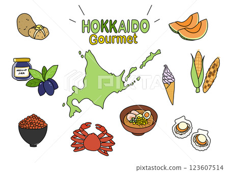 北海道當地美食和特色插圖集 北海道當地美食和特色插圖集 123607514