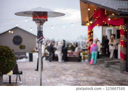 Gas heater detail with flame 123607580