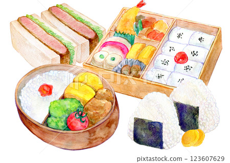 Watercolor illustration: Set of bento boxes, sandwiches, etc. Watercolor illustration: Set of bento boxes, sandwiches, etc. 123607629