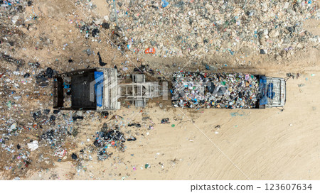 Garbage dump pile in trash dump or landfill, Landfill with waste disposal, Garbage truck unloads rubbish in landfill, Truck waste dump waste from household, Excavator work garbage waste, Aerial view. 123607634