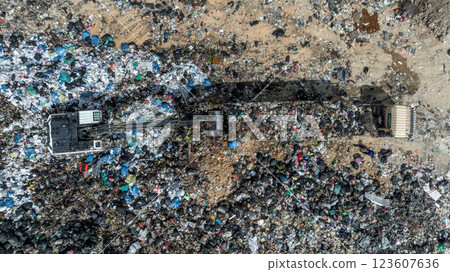 Garbage dump pile in trash dump or landfill, Landfill with waste disposal, Garbage truck unloads rubbish in landfill, Truck waste dump waste from household, Excavator work garbage waste, Aerial view. 123607636