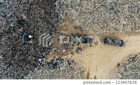 Garbage dump pile in trash dump or landfill, Landfill with waste disposal, Garbage truck unloads rubbish in landfill, Truck waste dump waste from household, Excavator work garbage waste, Aerial view. 123607638