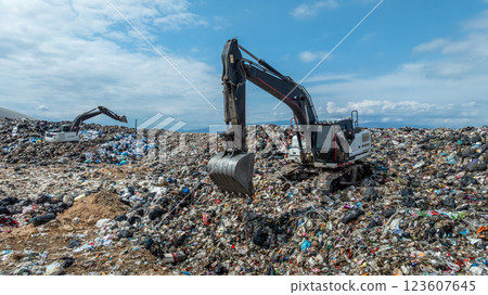 Garbage dump pile in trash dump or landfill, Landfill with waste disposal, Garbage truck unloads rubbish in landfill, Truck waste dump waste from household, Aerial view. 123607645
