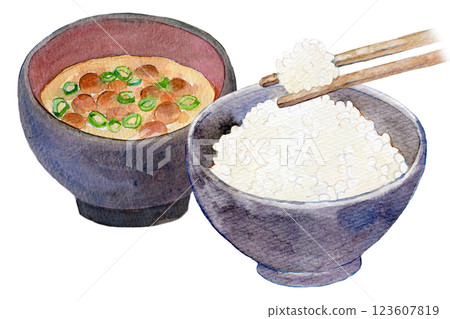 水彩插圖：剛煮好的白飯和味噌湯的套餐 123607819