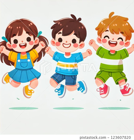 活力十足！微笑的孩子們跳來跳去——色彩鮮豔、可愛的插圖 123607820