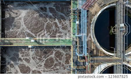 Sewage treatment plant, Water treatment plant from industry factory, Wastewater treatment plants, Water supply water recycling plant for reuse, Aerial view. Sewage treatment plant, Water treatment plant from industry factory, Wastewater treatment plants, Water supply water recycling plant for reuse, Aerial view. 123607825