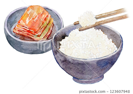 Watercolor illustration: White rice and kimchi set Watercolor illustration: White rice and kimchi set 123607948