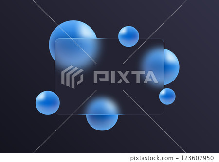 Dark blue background with transparent partition and floating spheres in glass morphism style. Website landing page template. Dark blue background with transparent partition and floating spheres in glass morphism style. Website landing page template. 123607950
