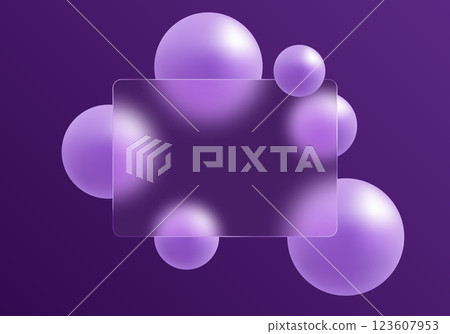 Glass morphism website landing page template. Gradient dark background with glass partition and floating spheres. 123607953