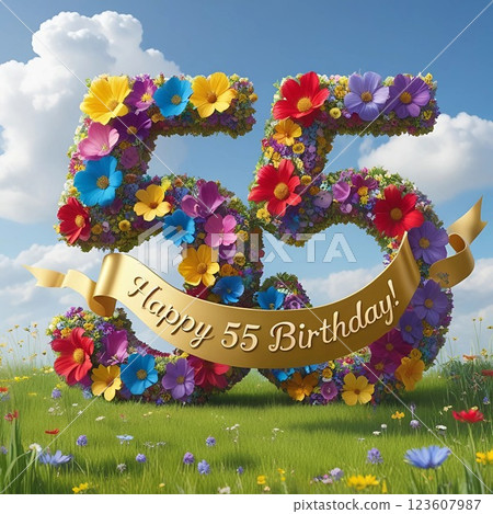 Floral Number 55 with Birthday Ribbon.  123607987