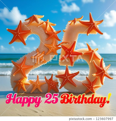 Number 25 made from starfish on beach.  Number 25 made from starfish on beach.  123607997