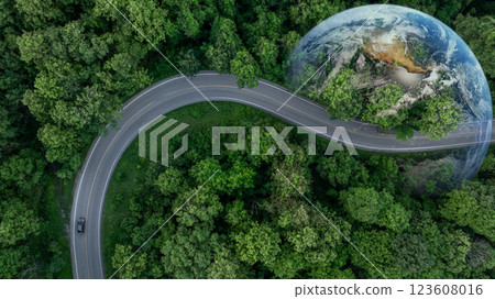 Aerial view EV car electric vehicle car alternative sustainable energy eco power, EV car electric vehicle car on middle green tree forest road with globe earth planet, Alternative sustainable energy. Aerial view EV car electric vehicle car alternative sustainable energy eco power, EV car electric vehicle car on middle green tree forest road with globe earth planet, Alternative sustainable energy. 123608016