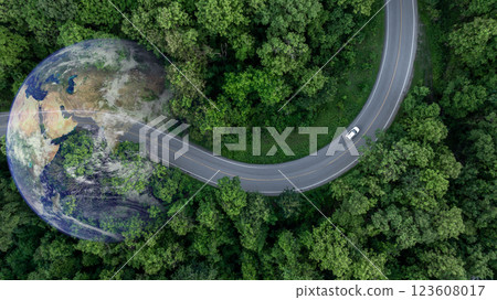Aerial view EV car electric vehicle car alternative sustainable energy eco power, EV car electric vehicle car on middle green tree forest road with globe earth planet, Alternative sustainable energy. Aerial view EV car electric vehicle car alternative sustainable energy eco power, EV car electric vehicle car on middle green tree forest road with globe earth planet, Alternative sustainable energy. 123608017