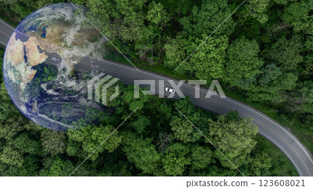 Aerial view EV car electric vehicle car alternative sustainable energy eco power,  EV car electric vehicle car on middle green tree forest road with globe earth planet, Alternative sustainable energy. 123608021