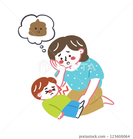 一位母親擔心兒子的胃痛，因為他很久沒有排便了。 123608064