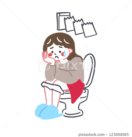 一位婦女幾天都無法排便，並且患有馬桶疾病，關於腸道環境的插圖 123608065
