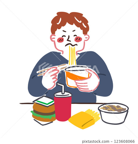 一名男子食用不均衡的快餐和牛肉碗飲食,關於腸道環境的說明 一名男子食用不均衡的快餐和牛肉碗飲食,關於腸道環境的說明 123608066