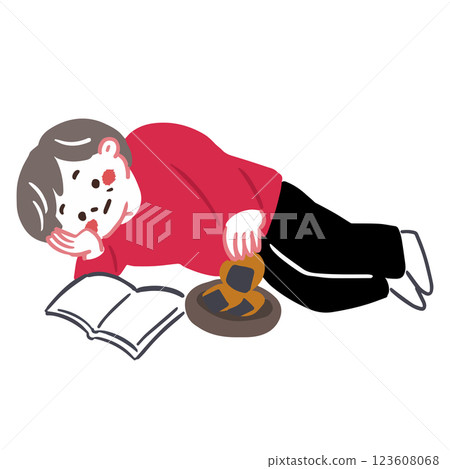 A sedentary woman eating rice crackers and reading a magazine A sedentary woman eating rice crackers and reading a magazine 123608068