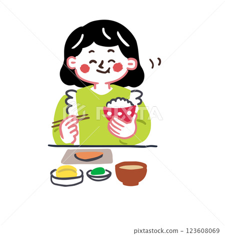 一位女士透過充分咀嚼來吃均衡的膳食，關於腸道環境的插圖 123608069