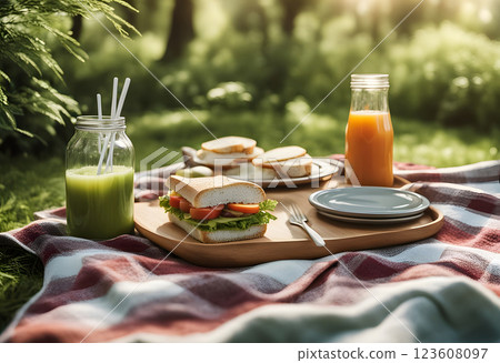 Nature's retreat: picnic under the sun on a checkered blanket 123608097