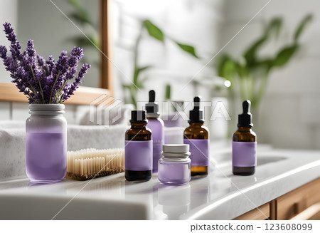Spa wellness set with lavender flowers, essential oil bottles for aromatherapy and natural skincare 123608099