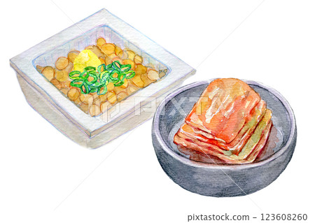 水彩插圖：一組發酵食品：泡菜和納豆 123608260