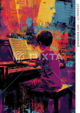 Acrylic color painting of Asian boy playing piano, illustration music poster, Generative AI 123608337
