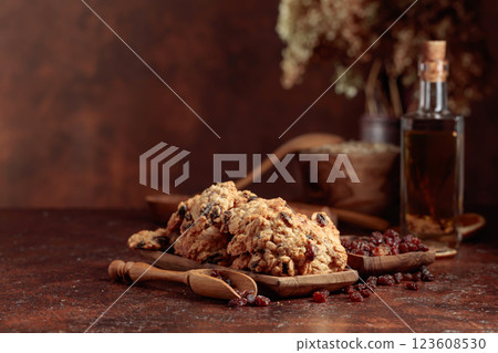 Oatmeal raisin cookies on a brown table. 123608530