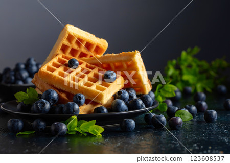 Belgian waffles with fresh blueberries on a black plate. 123608537