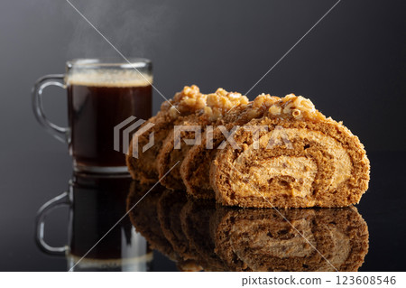 Walnut and buttercream roll: a traditional Oriental pastry. Walnut and buttercream roll: a traditional Oriental pastry. 123608546