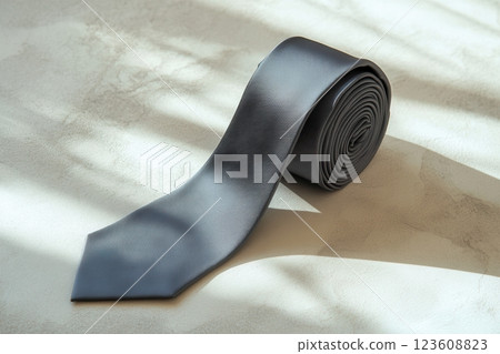 Elegant Rolled Gray Silk Necktie on Textured Surface with Sunlight Shadows 123608823