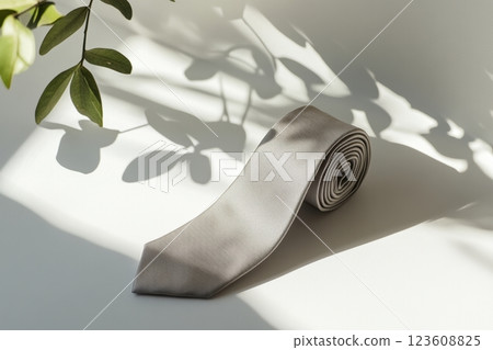 Elegant Rolled Silk Tie with Leaf Shadows on Minimalist White Surface 123608825